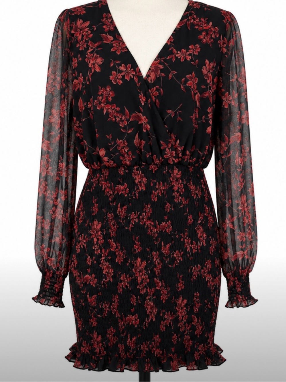 Cottagecore Black Floral Smocked Mini Dress XL Sheer Sleeve Flirty Coquette Y2K